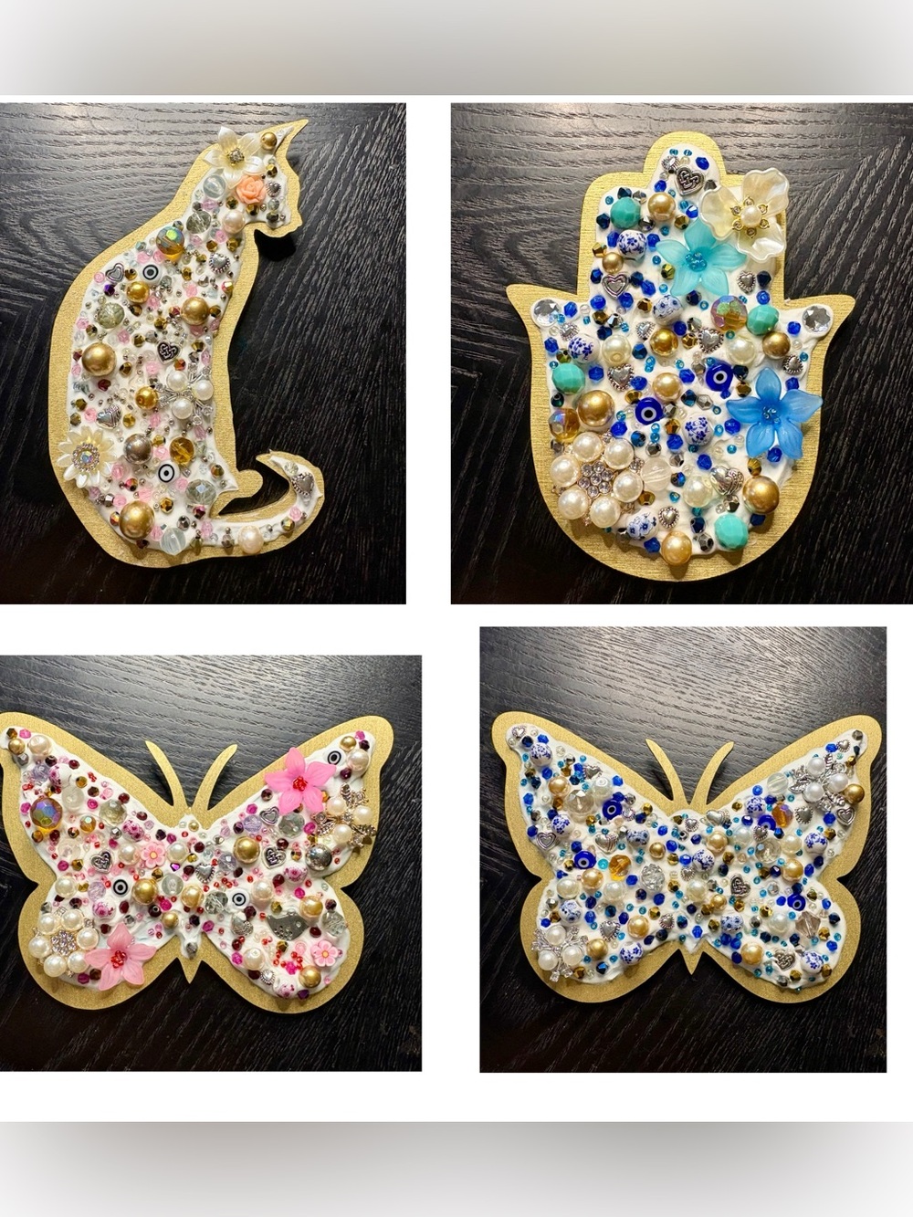 Choose Yours! Handmade Bejeweled Wooden Wall Art — Cat, Hamsa or Butterflies